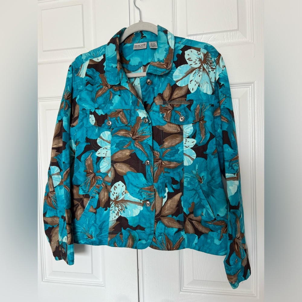 Chico’s Blue Brown Floral Linen Cotton Blend Jacket Casual Coastal Women’s Sz 1